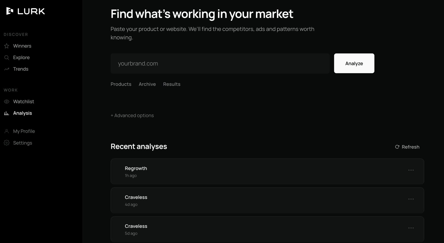 LURK Analysis screen: a field to paste a product URL, with recent analyses listed below.